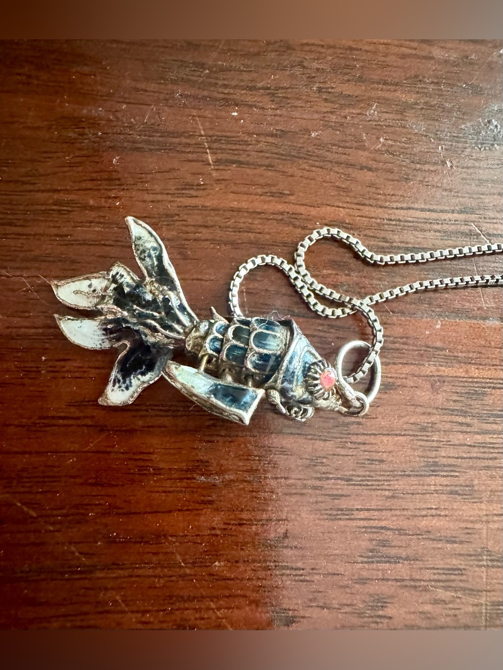 Vintage Cloisonné Gold Enamel
Fish Articulating Pendant with silver necklace.